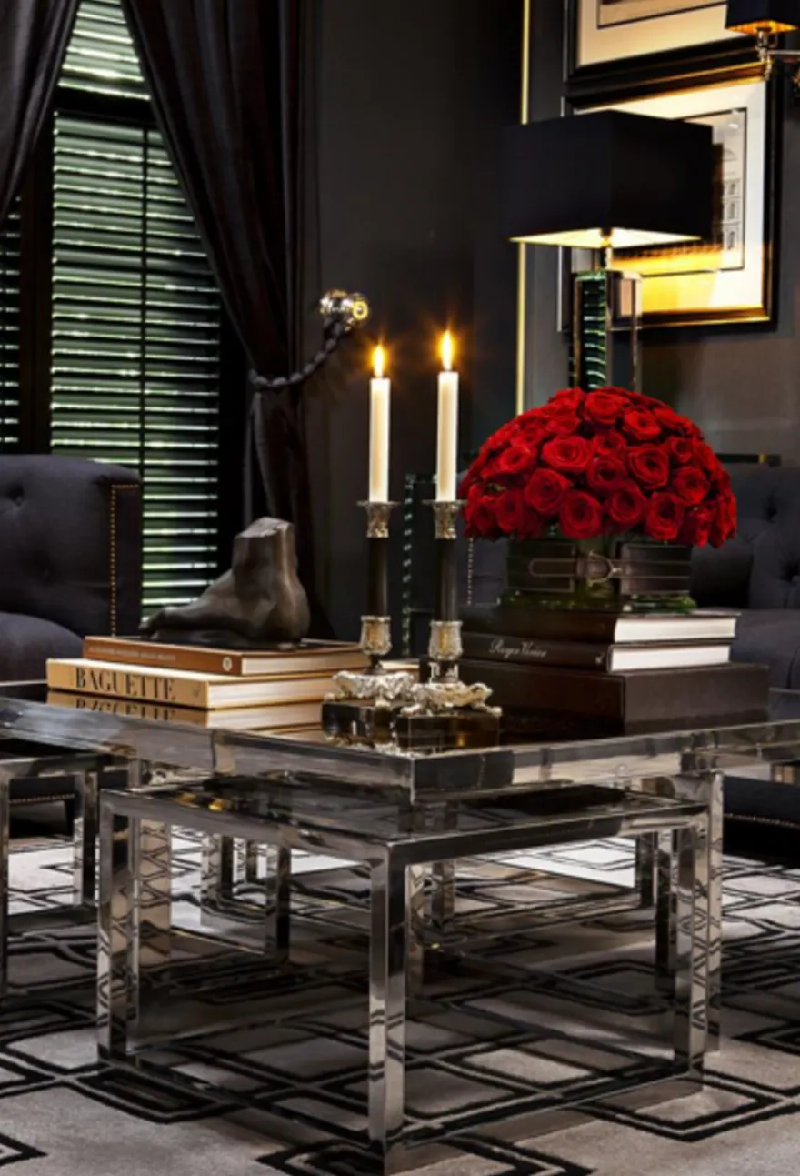 Casa Padrino Luxus Art Deco Designer Couchtisch 5er Set - Rauchglas - Polierter rostfreier Stahl - 100 x 100 x H. 40 cm / 48 x 48 x H. 33 cm