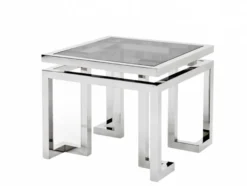 Casa Padrino Luxus Art Deco Designer Beistelltisch, polierter Edelstahl und Rauchglas, 65 x 65 x H. 55 cm