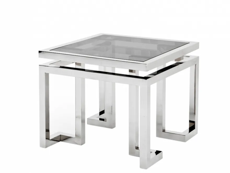 Casa Padrino Luxus Art Deco Designer Beistelltisch, polierter Edelstahl und Rauchglas, 65 x 65 x H. 55 cm