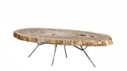 Casa Padrino Luxus Art Deco Designer Couchtisch aus versteinertem Holz - Wohnzimmer Tisch polierter Edelstahl - 110-120 x 65-85 x H. 35 cm