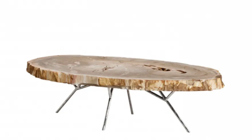 Casa Padrino Luxus Art Deco Designer Couchtisch aus versteinertem Holz - Wohnzimmer Tisch polierter Edelstahl - 110-120 x 65-85 x H. 35 cm