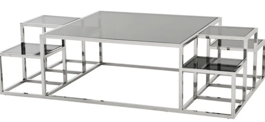 Casa Padrino Luxus Art Deco Designer Couchtisch Edelstahl poliert mit Rauchglas 150 x 90 cm - Silber
