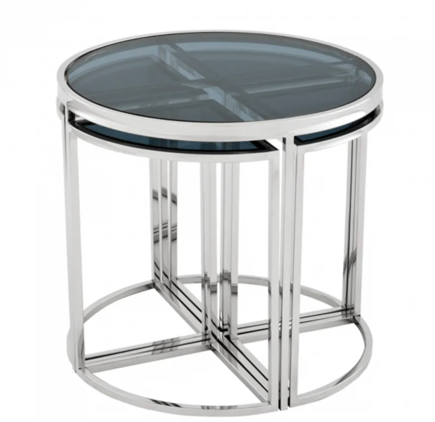 Casa Padrino Luxus Art Deco Designer Beistelltisch 5er Set aus rostfreiem Stahl und Rauchglas 60 x H. 55 cm