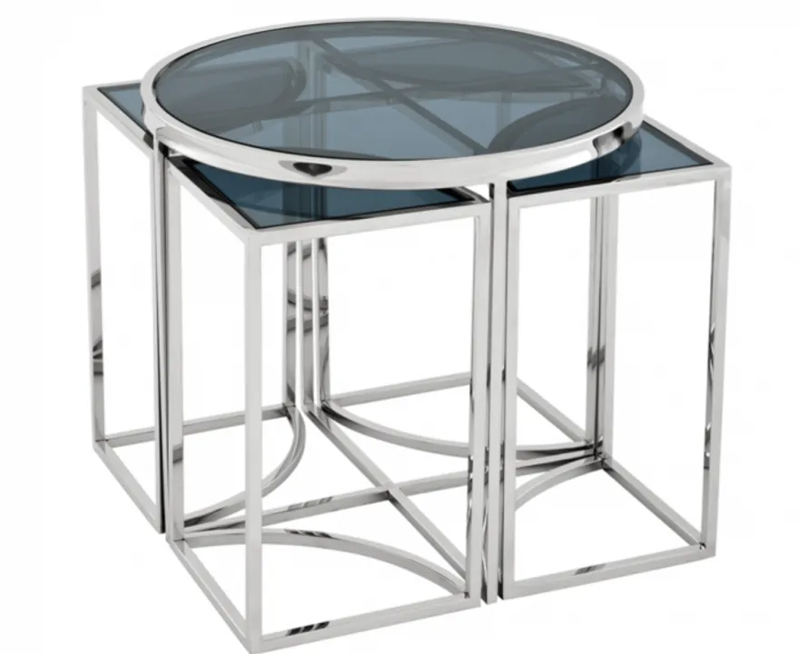 Casa Padrino Luxus Art Deco Designer Beistelltisch 5er Set aus rostfreiem Stahl und Rauchglas 60 x H. 55 cm