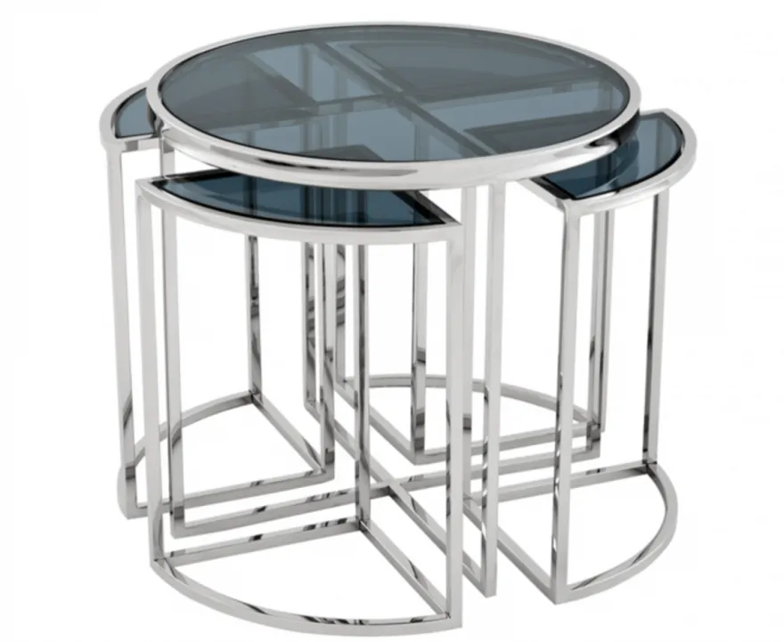 Casa Padrino Luxus Art Deco Designer Beistelltisch 5er Set aus rostfreiem Stahl und Rauchglas 60 x H. 55 cm