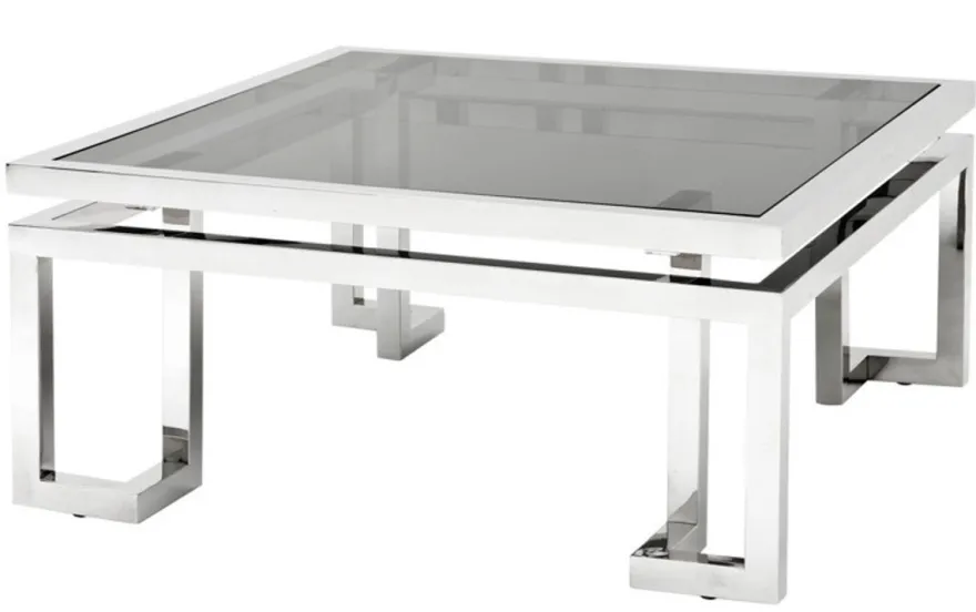 Casa Padrino Luxus Art Deco Designer Couchtisch aus Edelstahl poliert und Rauchglas, 100 x 100 x 45 cm