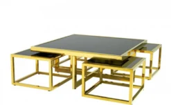 Casa Padrino Luxus Art Deco Designer Couchtisch 5er Set Gold mit schwarzem Glas 100 x 100 x H. 40 cm / 48 x 48 x H. 33 cm