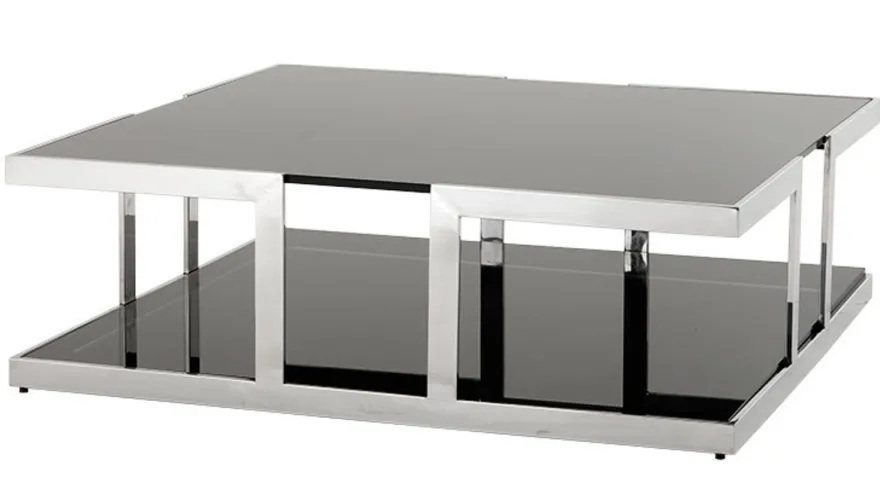 Casa Padrino Luxus Art Deco Designer Couchtisch aus Edelstahl poliert mit Rauchglas 100 x 100 x 32 cm