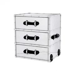 Casa Padrino Luxus Art Deco Designer Beistelltisch mit 3 Schubladen - Poliertes Aluminium & Schwarzes Leder - 58 x 47 x H. 66 cm