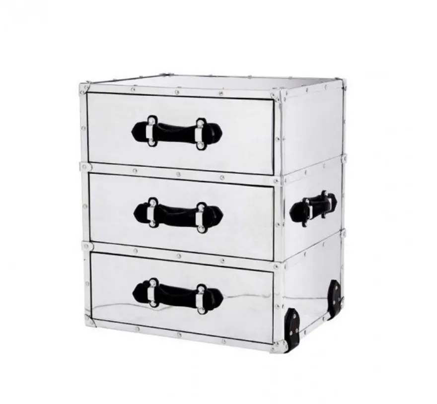 Casa Padrino Luxus Art Deco Designer Beistelltisch mit 3 Schubladen - Poliertes Aluminium & Schwarzes Leder - 58 x 47 x H. 66 cm