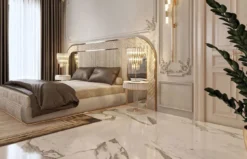 Casa Padrino Luxus Art Deco Doppelbett Grau / Gold 350 x 209,5 x H. 140 cm - Edles Massivholz Bett mit verspiegeltem Kopfteil - Luxus Schlafzimmer Möbel - Hotel Möbel - Art Deco Möbel