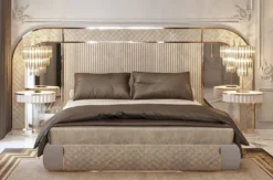 Casa Padrino Luxus Art Deco Doppelbett Grau / Gold 350 x 209,5 x H. 140 cm - Edles Massivholz Bett mit verspiegeltem Kopfteil - Luxus Schlafzimmer Möbel - Hotel Möbel - Art Deco Möbel