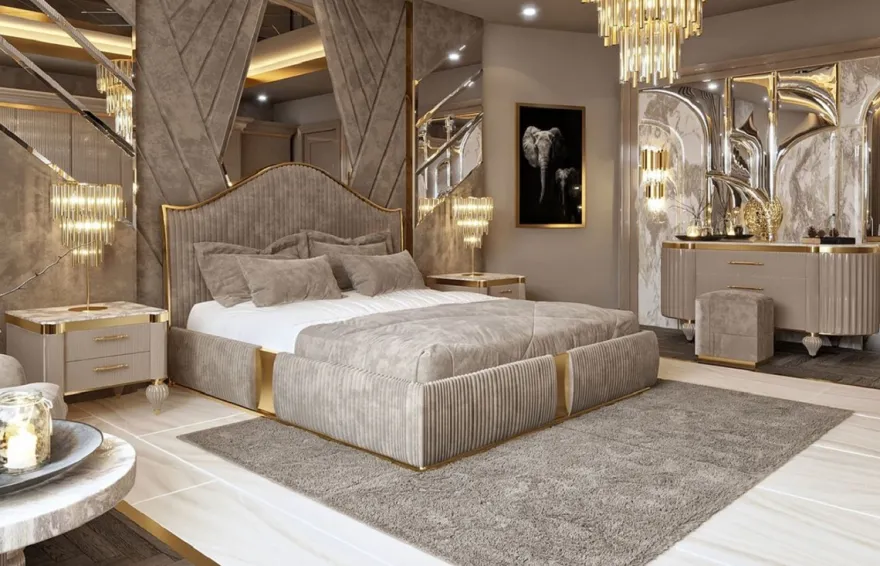 Casa Padrino Luxus Art Deco Doppelbett Grau / Gold - Edles Massivholz Bett mit Kopfteil - Art Deco Schlafzimmer & Hotel Möbel