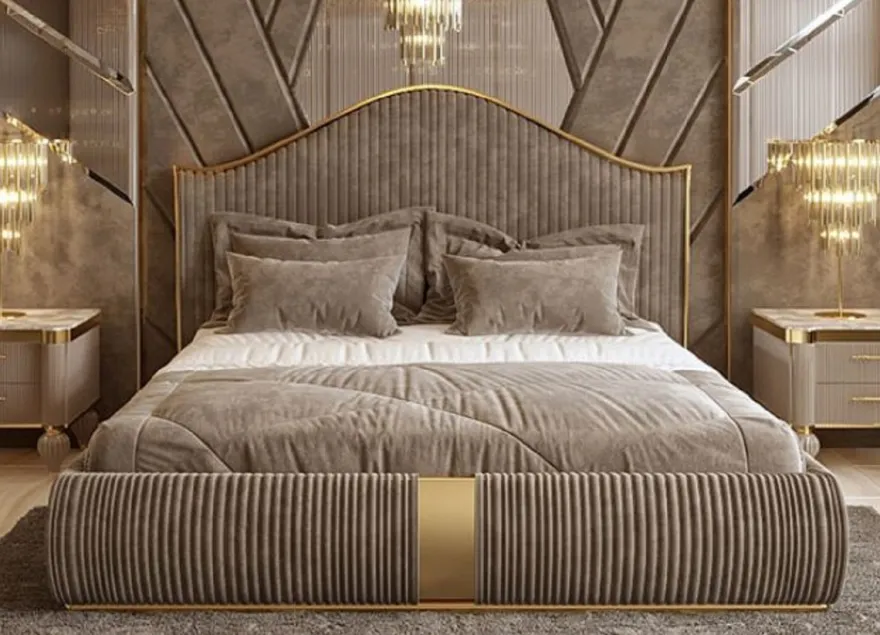 Casa Padrino Luxus Art Deco Doppelbett Grau / Gold - Edles Massivholz Bett mit Kopfteil - Art Deco Schlafzimmer & Hotel Möbel