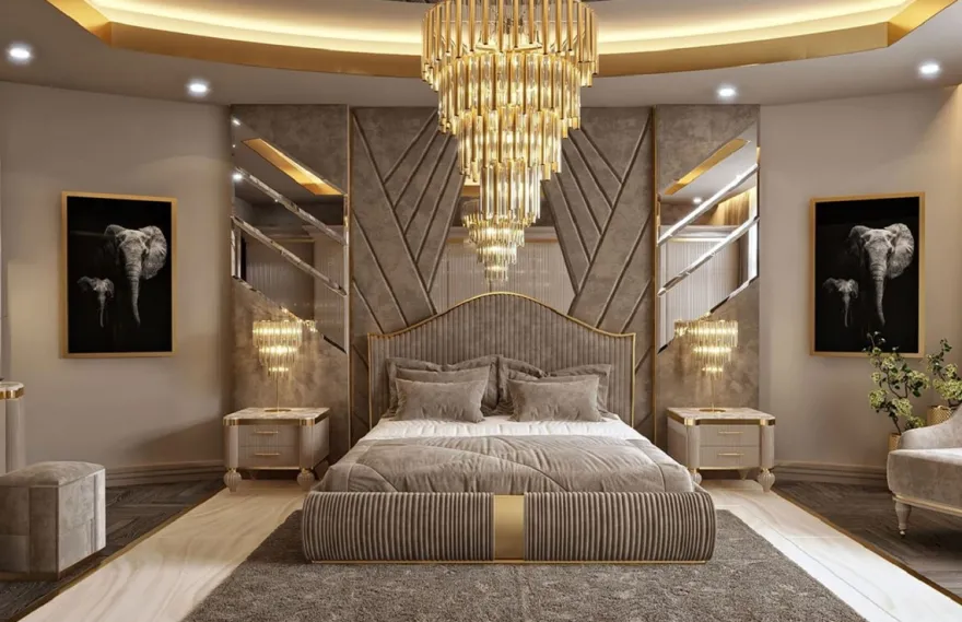 Casa Padrino Luxus Art Deco Doppelbett Grau / Gold - Edles Massivholz Bett mit Kopfteil - Art Deco Schlafzimmer & Hotel Möbel