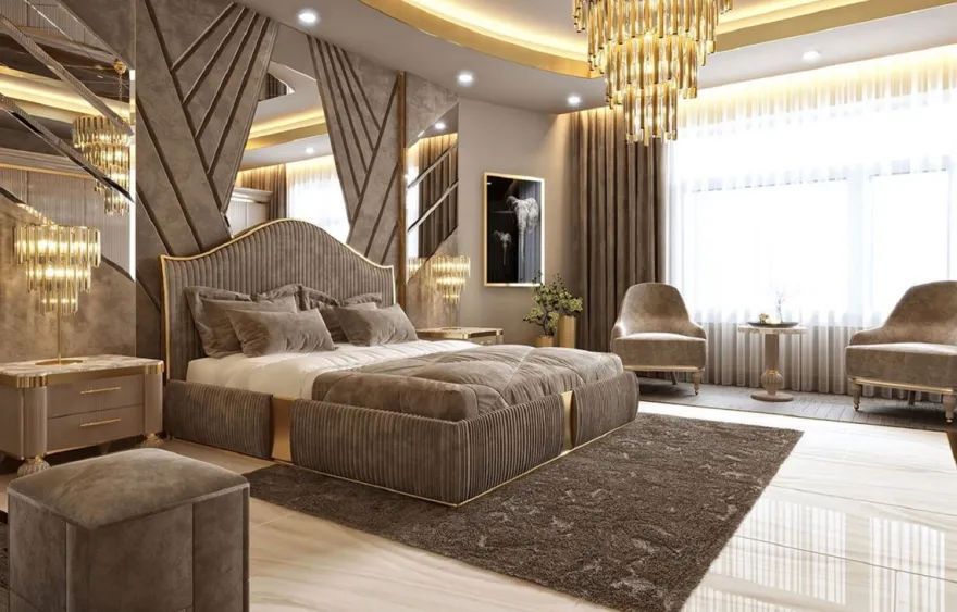 Casa Padrino Luxus Art Deco Doppelbett Grau / Gold - Edles Massivholz Bett mit Kopfteil - Art Deco Schlafzimmer & Hotel Möbel