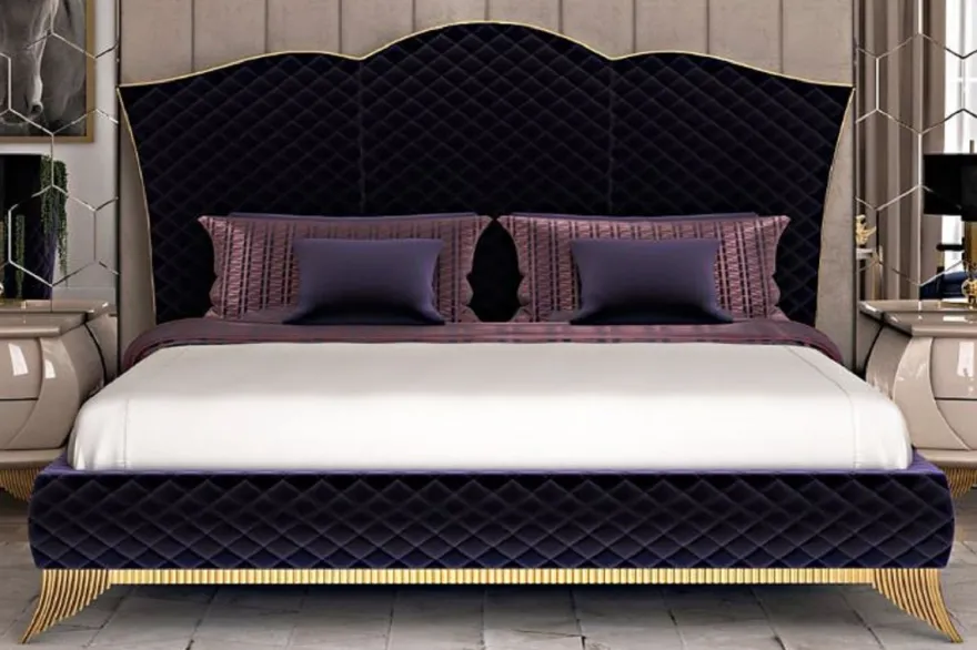 Casa Padrino Luxus Art Deco Doppelbett Lila / Gold - Edles Massivholz Bett mit Kopfteil - Art Deco Schlafzimmer & Hotel Möbel - Luxus Kollektion