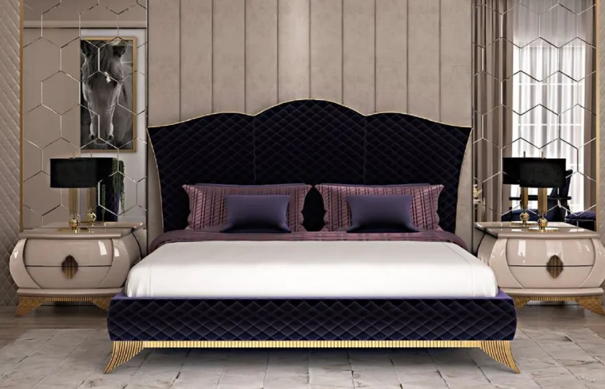 Casa Padrino Luxus Art Deco Doppelbett Lila / Gold - Edles Massivholz Bett mit Kopfteil - Art Deco Schlafzimmer & Hotel Möbel - Luxus Kollektion