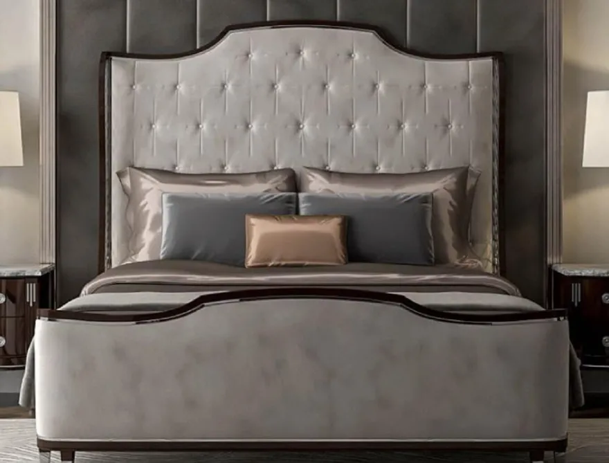 Casa Padrino Luxus Art Deco Doppelbett Grau / Dunkelbraun / Silber - Edles Massivholz Bett mit Kopfteil - Schlafzimmer Möbel - Hotel Möbel - Art Deco Möbel - Luxus Art Deco Einrichtung