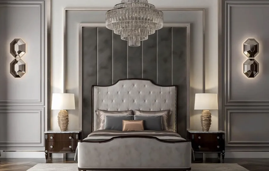 Casa Padrino Luxus Art Deco Doppelbett Grau / Dunkelbraun / Silber - Edles Massivholz Bett mit Kopfteil - Schlafzimmer Möbel - Hotel Möbel - Art Deco Möbel - Luxus Art Deco Einrichtung