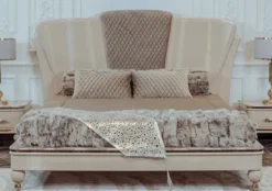 Casa Padrino Luxus Art Deco Doppelbett Beige / Grau / Gold - Edles Massivholz Bett mit Kopfteil - Art Deco Schlafzimmer & Hotel Möbel - Luxus Kollektion
