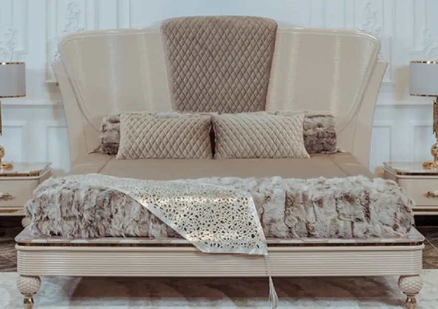 Casa Padrino Luxus Art Deco Doppelbett Beige / Grau / Gold - Edles Massivholz Bett mit Kopfteil - Art Deco Schlafzimmer & Hotel Möbel - Luxus Kollektion
