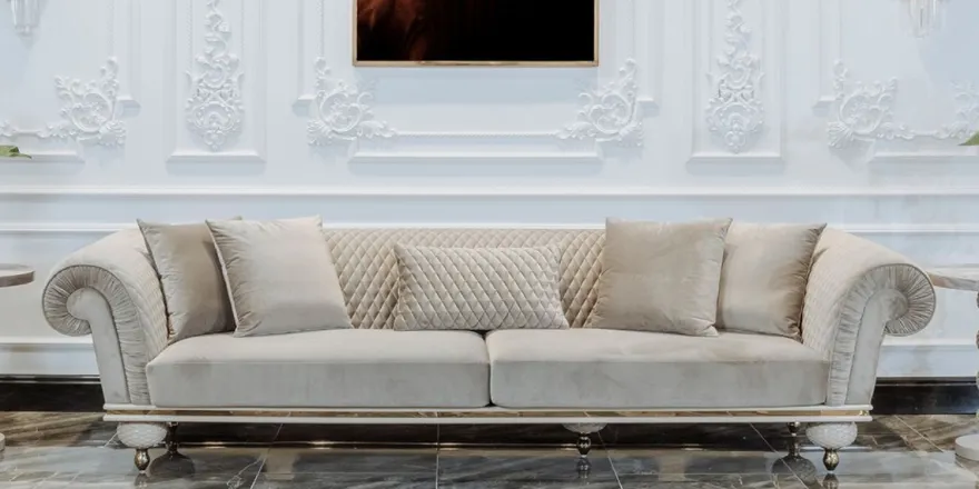 Casa Padrino Luxus Art Deco 3er Sofa Grau / Gold - Wohnzimmer Sofa - Hotel Sofa - Luxus Art Deco Wohnzimmer & Hotel Möbel - Luxus Qualität