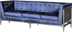 Casa Padrino Luxus Art Deco 3er Sofa Blau / Grau 250 x 76 x H. 83 cm - Edles Samt Sofa mit Mahagoni Rahmen - Art Deco Wohnzimmer Möbel