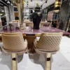 Casa Padrino Luxus Art Deco Esstisch Lila / Beige / Gold - Handgefertigter Massivholz Küchentisch mit Tischplatte in Marmoroptik - Art Deco Esszimmer Möbel