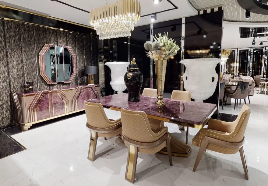 Casa Padrino Luxus Art Deco Esstisch Lila / Beige / Gold - Handgefertigter Massivholz Küchentisch mit Tischplatte in Marmoroptik - Art Deco Esszimmer Möbel