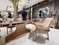 Casa Padrino Luxus Art Deco Esstisch Lila / Beige / Gold - Handgefertigter Massivholz Küchentisch mit Tischplatte in Marmoroptik - Art Deco Esszimmer Möbel