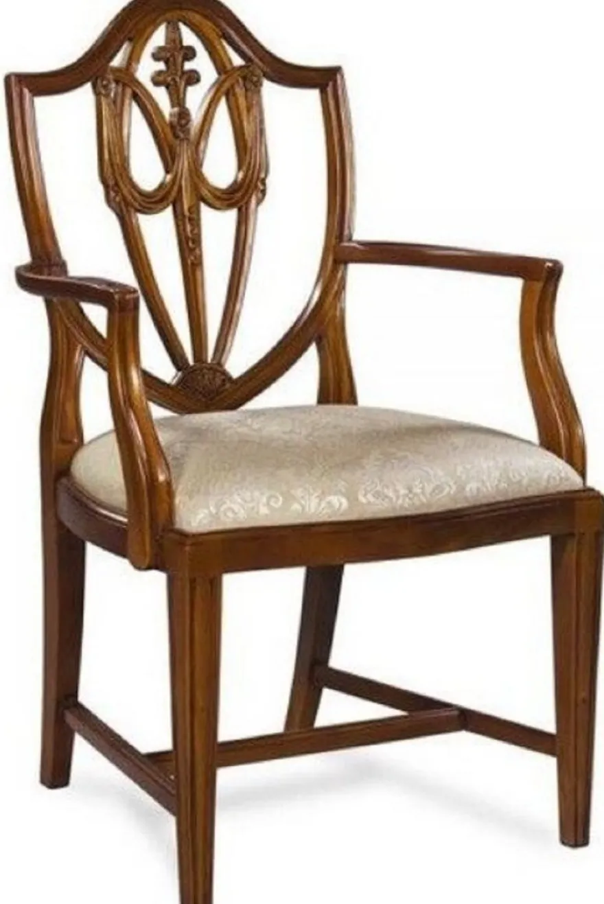 Casa Padrino Luxus Art Deco Esszimmerstuhl mit Armlehnen Dunkelbraun / Gold 58,4 x 50,8 x H. 99,1 cm - Eleganter Massivholz Stuhl mit Muster - Art Deco Esszimmer Möbel