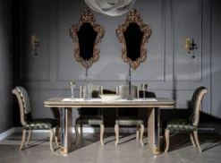 Casa Padrino Luxus Art Deco Esszimmer Set Beige / Gold - 1 Esstisch & 6 Esszimmerstühle - Handgefertigte Art Deco Esszimmer Möbel