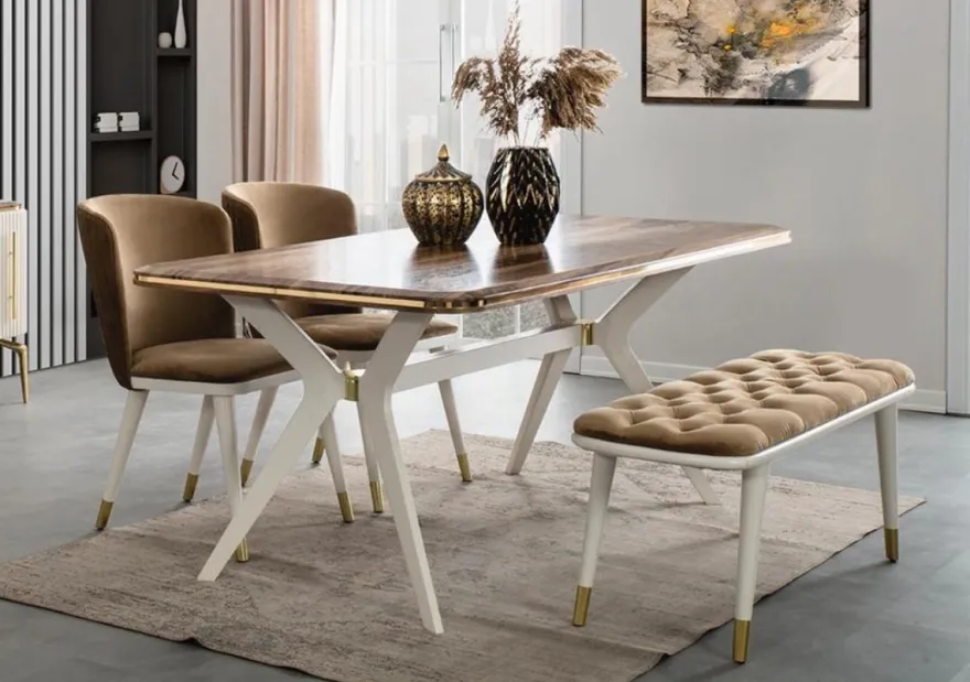 Casa Padrino Luxus Art Deco Esszimmer Set Braun / Weiß / Gold - 1 Esszimmertisch & 4 Esszimmerstühle & 1 Sitzbank - Art Deco Esszimmer Möbel