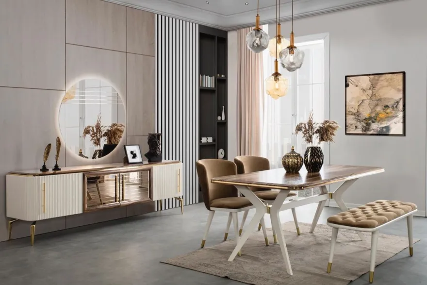 Casa Padrino Luxus Art Deco Esszimmer Set Braun / Weiß / Gold - 1 Esszimmertisch & 4 Esszimmerstühle & 1 Sitzbank - Art Deco Esszimmer Möbel