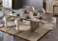 Casa Padrino Luxus Art Deco Esszimmer Set Grau / Gold - 1 Ausziehbarer Esstisch & 6 Esszimmerstühle mit Armlehnen - Esszimmer Möbel - Art Deco Möbel - Luxus Möbel - Art Deco Einrichtung