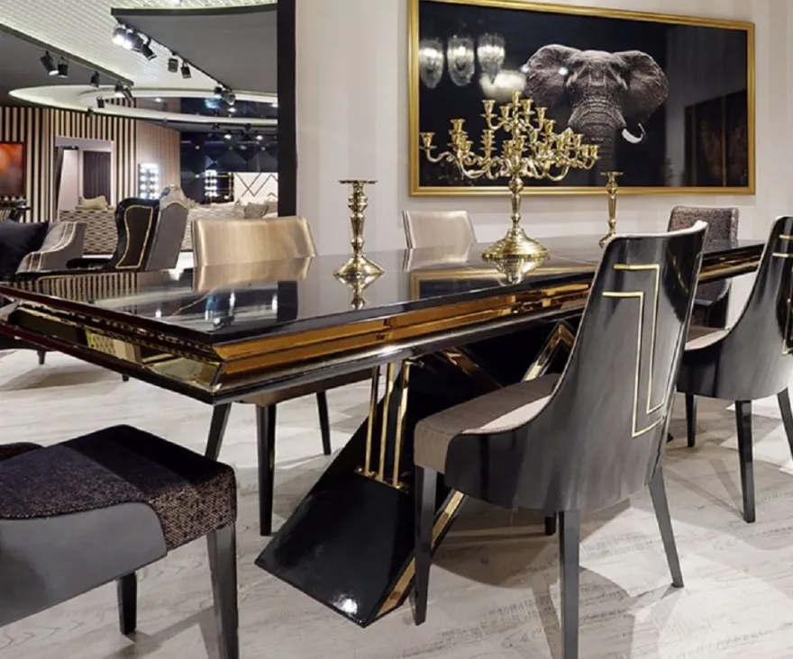 Casa Padrino Luxus Art Deco Esstisch Schwarz / Gold - Handgefertigter Massivholz Küchentisch - Art Deco Esszimmer Möbel
