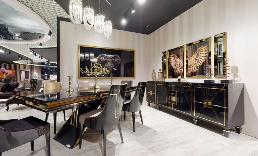 Casa Padrino Luxus Art Deco Esstisch Schwarz / Gold - Handgefertigter Massivholz Küchentisch - Art Deco Esszimmer Möbel