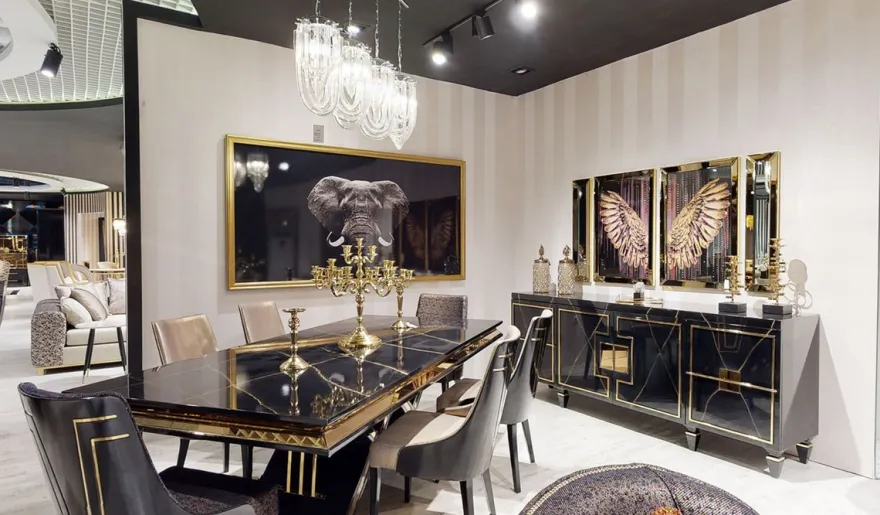 Casa Padrino Luxus Art Deco Esstisch Schwarz / Gold - Handgefertigter Massivholz Küchentisch - Art Deco Esszimmer Möbel