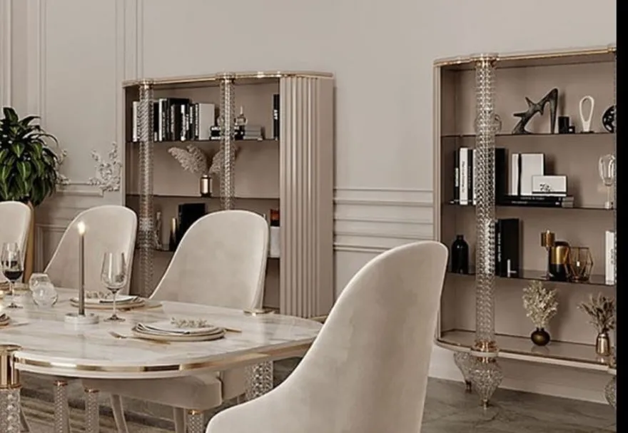 Casa Padrino Luxus Art Deco Esszimmer Set Weiß / Grau / Gold - 1 Art Deco Esstisch mit Kunstmarmor Tischplatte & 6 Art Deco Esszimmerstühle - Art Deco Esszimmer Möbel - Luxus Qualität