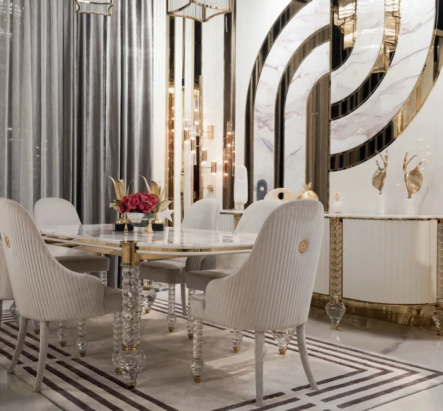 Casa Padrino Luxus Art Deco Esszimmer Set Weiß / Grau / Gold - 1 Art Deco Esstisch mit Kunstmarmor Tischplatte & 6 Art Deco Esszimmerstühle - Art Deco Esszimmer Möbel - Luxus Qualität