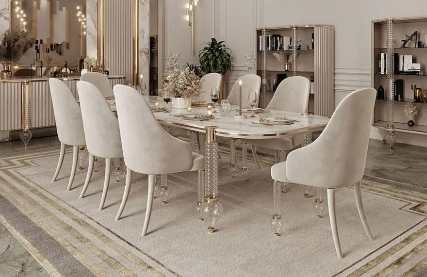 Casa Padrino Luxus Art Deco Esszimmer Set Weiß / Grau / Gold - 1 Art Deco Esstisch mit Kunstmarmor Tischplatte & 6 Art Deco Esszimmerstühle - Art Deco Esszimmer Möbel - Luxus Qualität