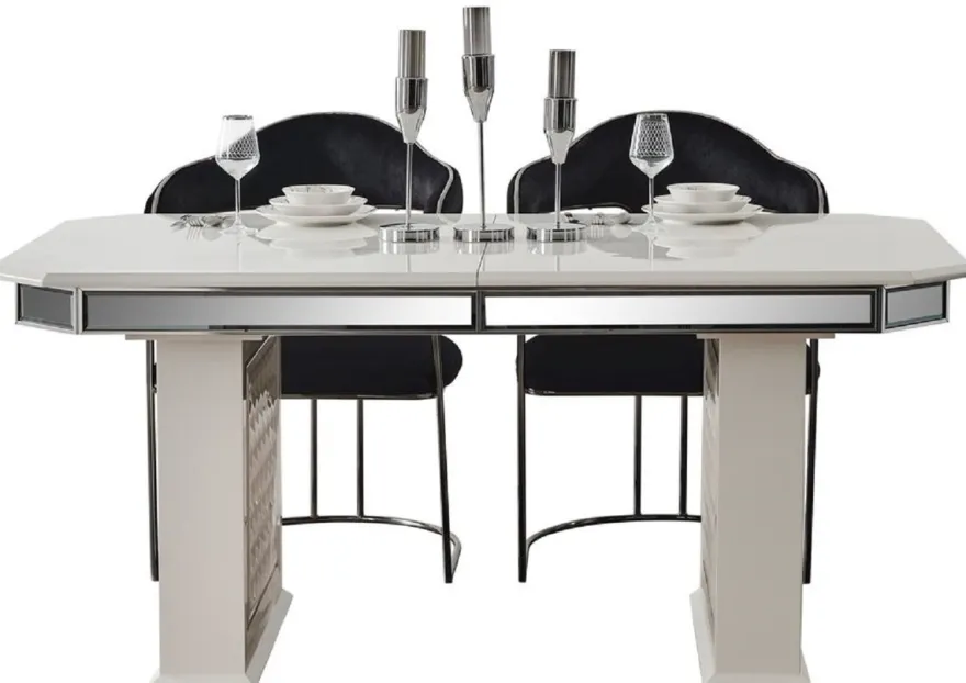 Casa Padrino Luxus Art Deco Esszimmer Set Schwarz / Weiß / Bronze - 1 Ausziehbarer Esstisch & 6 Esszimmerstühle mit Armlehnen - Esszimmer Möbel - Art Deco Möbel - Luxus Möbel