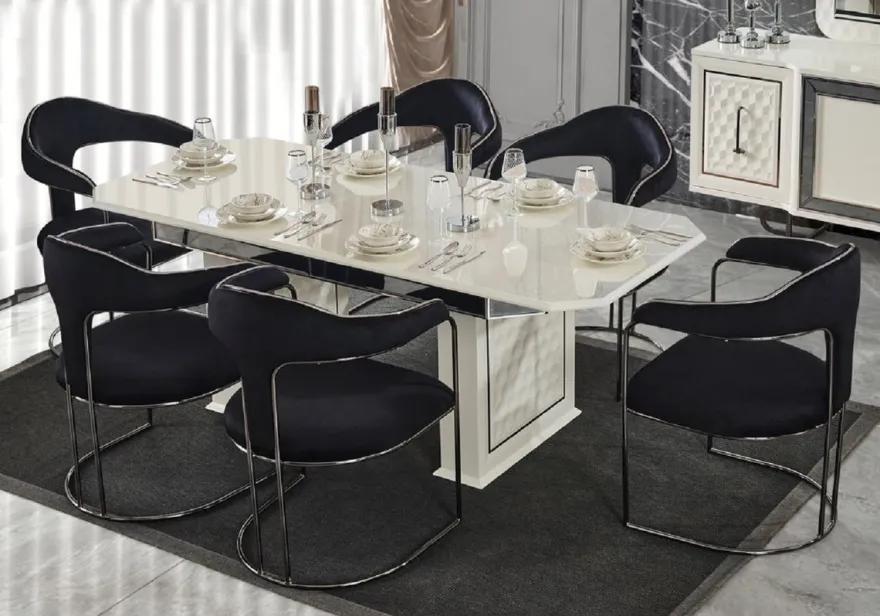 Casa Padrino Luxus Art Deco Esszimmer Set Schwarz / Weiß / Bronze - 1 Ausziehbarer Esstisch & 6 Esszimmerstühle mit Armlehnen - Esszimmer Möbel - Art Deco Möbel - Luxus Möbel
