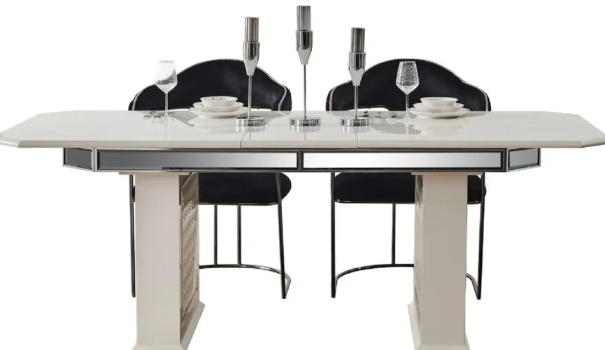 Casa Padrino Luxus Art Deco Esszimmer Set Schwarz / Weiß / Bronze - 1 Ausziehbarer Esstisch & 6 Esszimmerstühle mit Armlehnen - Esszimmer Möbel - Art Deco Möbel - Luxus Möbel