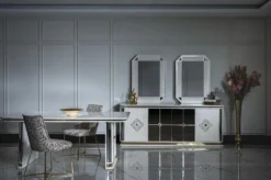 Casa Padrino Luxus Art Deco Esstisch Weiß / Gold - Handgefertigter Massivholz Küchentisch mit Spiegelglas - Art Deco Esszimmer Möbel