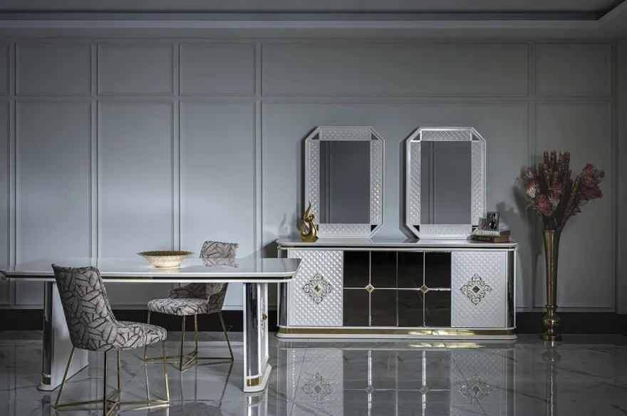Casa Padrino Luxus Art Deco Esstisch Weiß / Gold - Handgefertigter Massivholz Küchentisch mit Spiegelglas - Art Deco Esszimmer Möbel