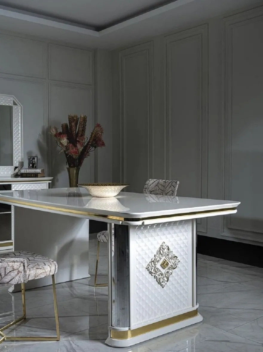 Casa Padrino Luxus Art Deco Esstisch Weiß / Gold - Handgefertigter Massivholz Küchentisch mit Spiegelglas - Art Deco Esszimmer Möbel