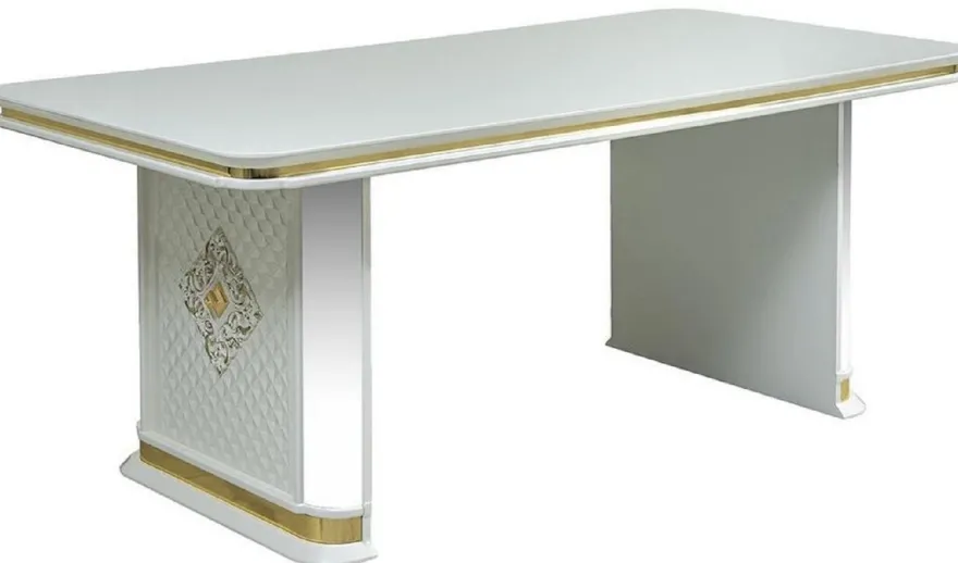 Casa Padrino Luxus Art Deco Esstisch Weiß / Gold - Handgefertigter Massivholz Küchentisch mit Spiegelglas - Art Deco Esszimmer Möbel