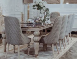 Casa Padrino Luxus Art Deco Esszimmer Set Grau / Weiß / Gold - 1 Art Deco Esstisch mit Kunstmarmor Tischplatte & 8 Art Deco Esszimmerstühle - Art Deco Esszimmer Möbel - Luxus Qualität